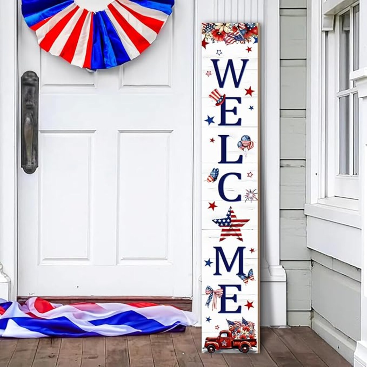 4th of July Patriotic Welcome Sign, American Flag Truck Wooden Porch Sign For Patio, 47" USA Flag Front Door Signs All Seasons Decor Standing Yard Signs Holiday Vertical Signs for Outdoor Indoor Wall Garden